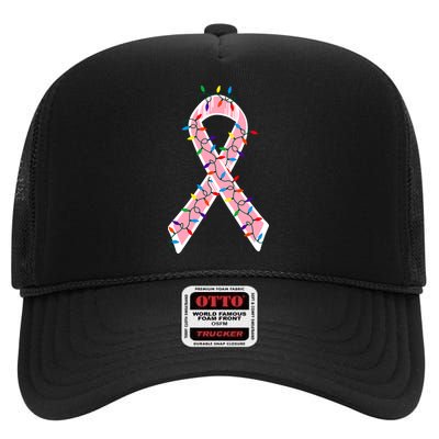 Christmas Lights Breast Cancer Ribbon High Crown Mesh Back Trucker Hat