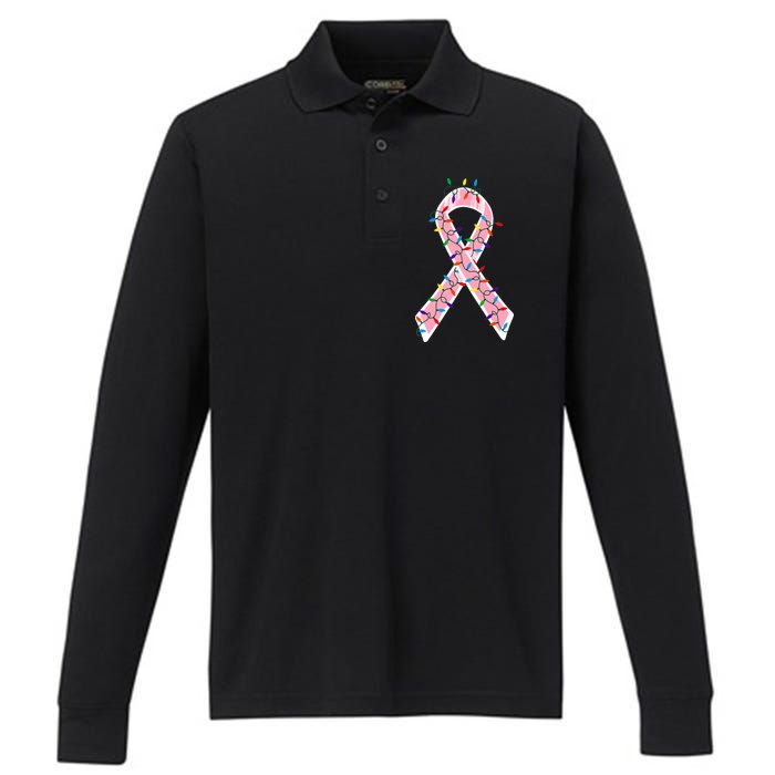 Christmas Lights Breast Cancer Ribbon Performance Long Sleeve Polo