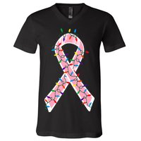 Christmas Lights Breast Cancer Ribbon V-Neck T-Shirt