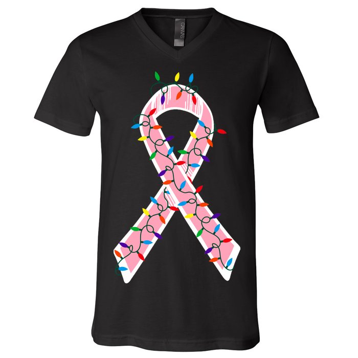 Christmas Lights Breast Cancer Ribbon V-Neck T-Shirt