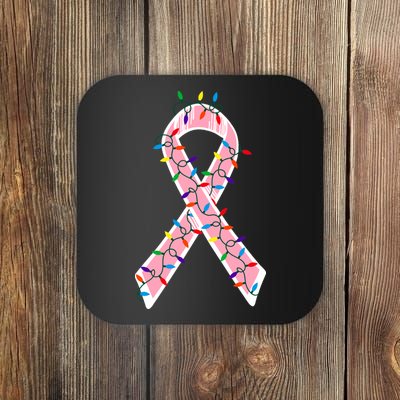 Christmas Lights Breast Cancer Ribbon Coaster