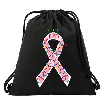 Christmas Lights Breast Cancer Ribbon Drawstring Bag