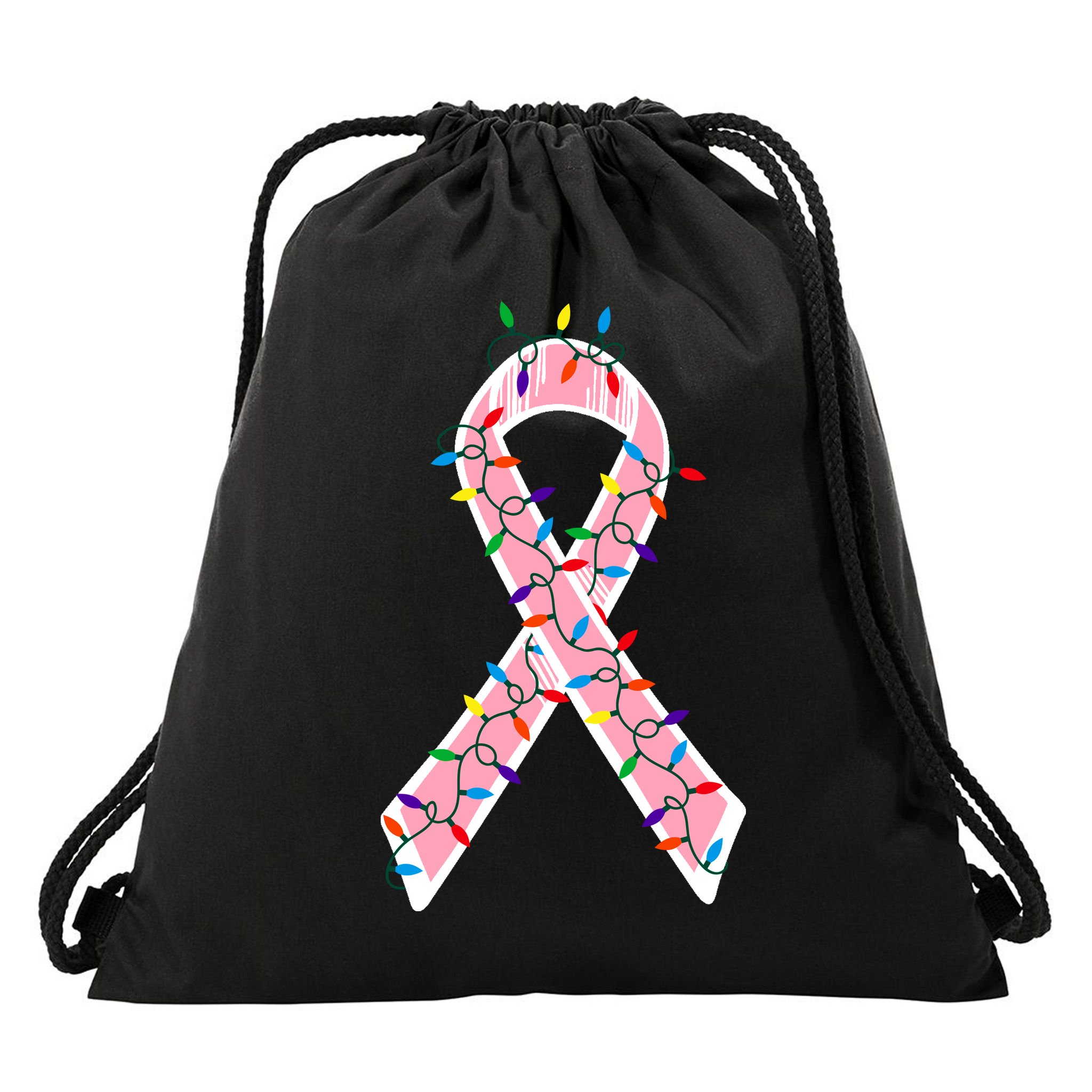 Christmas Lights Breast Cancer Ribbon Drawstring Bag