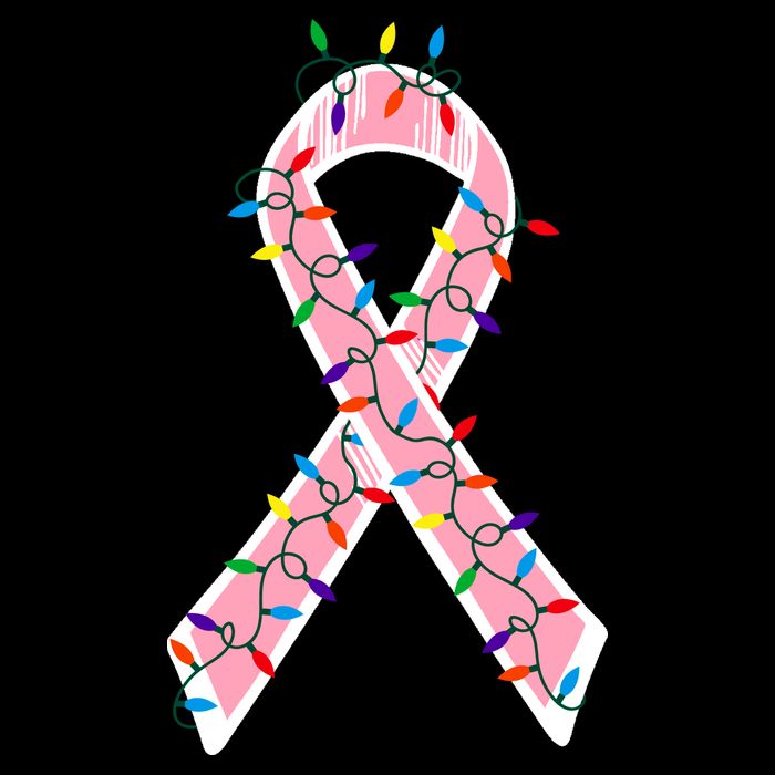 Christmas Lights Breast Cancer Ribbon Drawstring Bag