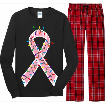 Christmas Lights Breast Cancer Ribbon Long Sleeve Pajama Set