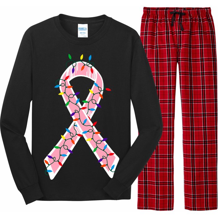 Christmas Lights Breast Cancer Ribbon Long Sleeve Pajama Set