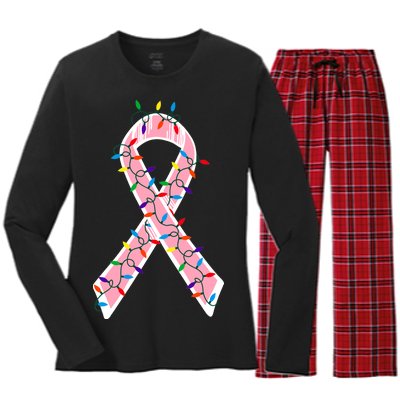 Christmas Lights Breast Cancer Ribbon Women's Long Sleeve Flannel Pajama Set 