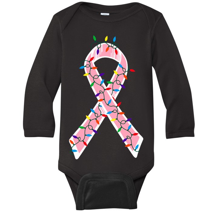 Christmas Lights Breast Cancer Ribbon Baby Long Sleeve Bodysuit