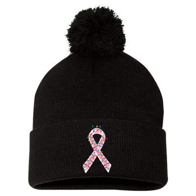 Christmas Lights Breast Cancer Ribbon Pom Pom 12in Knit Beanie