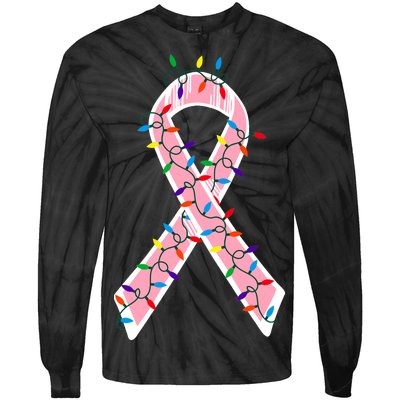 Christmas Lights Breast Cancer Ribbon Tie-Dye Long Sleeve Shirt