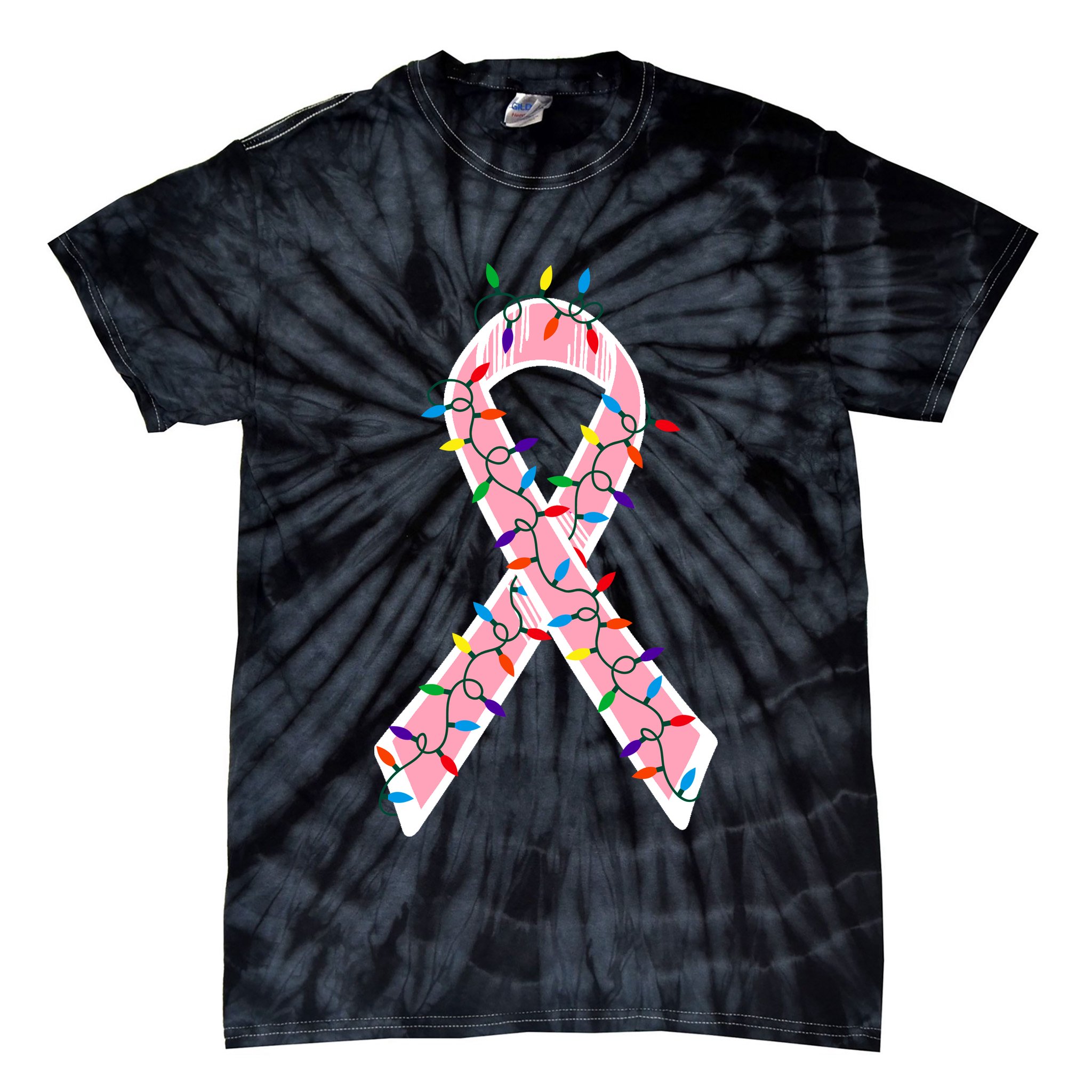 Christmas Lights Breast Cancer Ribbon Tie-Dye T-Shirt