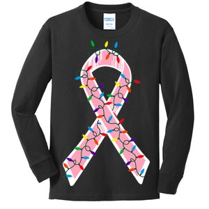 Christmas Lights Breast Cancer Ribbon Kids Long Sleeve Shirt