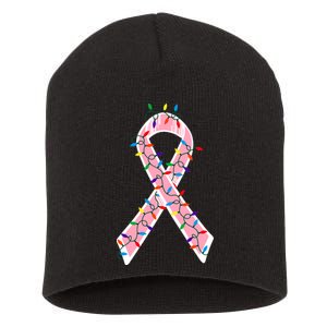 Christmas Lights Breast Cancer Ribbon Short Acrylic Beanie