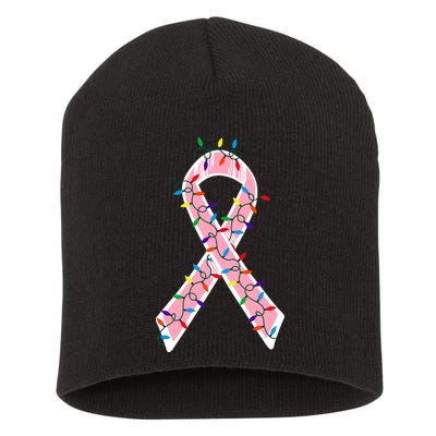 Christmas Lights Breast Cancer Ribbon Short Acrylic Beanie