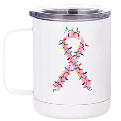 Christmas Lights Breast Cancer Ribbon 12 oz Stainless Steel Tumbler Cup