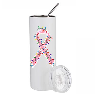 Christmas Lights Breast Cancer Ribbon Stainless Steel Tumbler