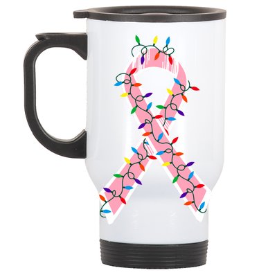 Christmas Lights Breast Cancer Ribbon Stainless Steel Travel Mug