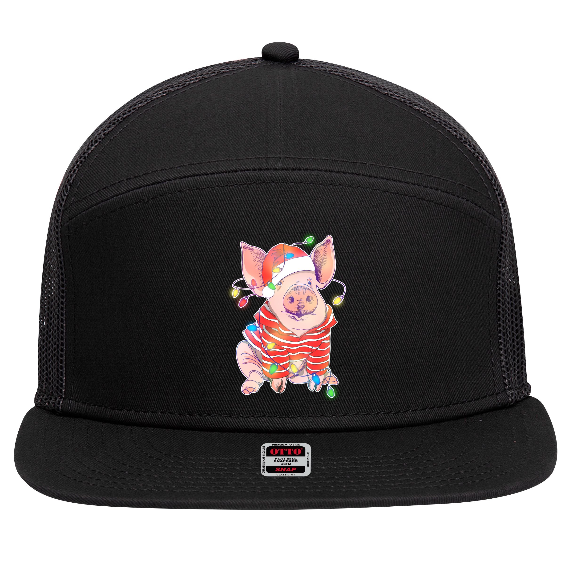 Christmas Lights Pig 7 Panel Mesh Trucker Snapback Hat