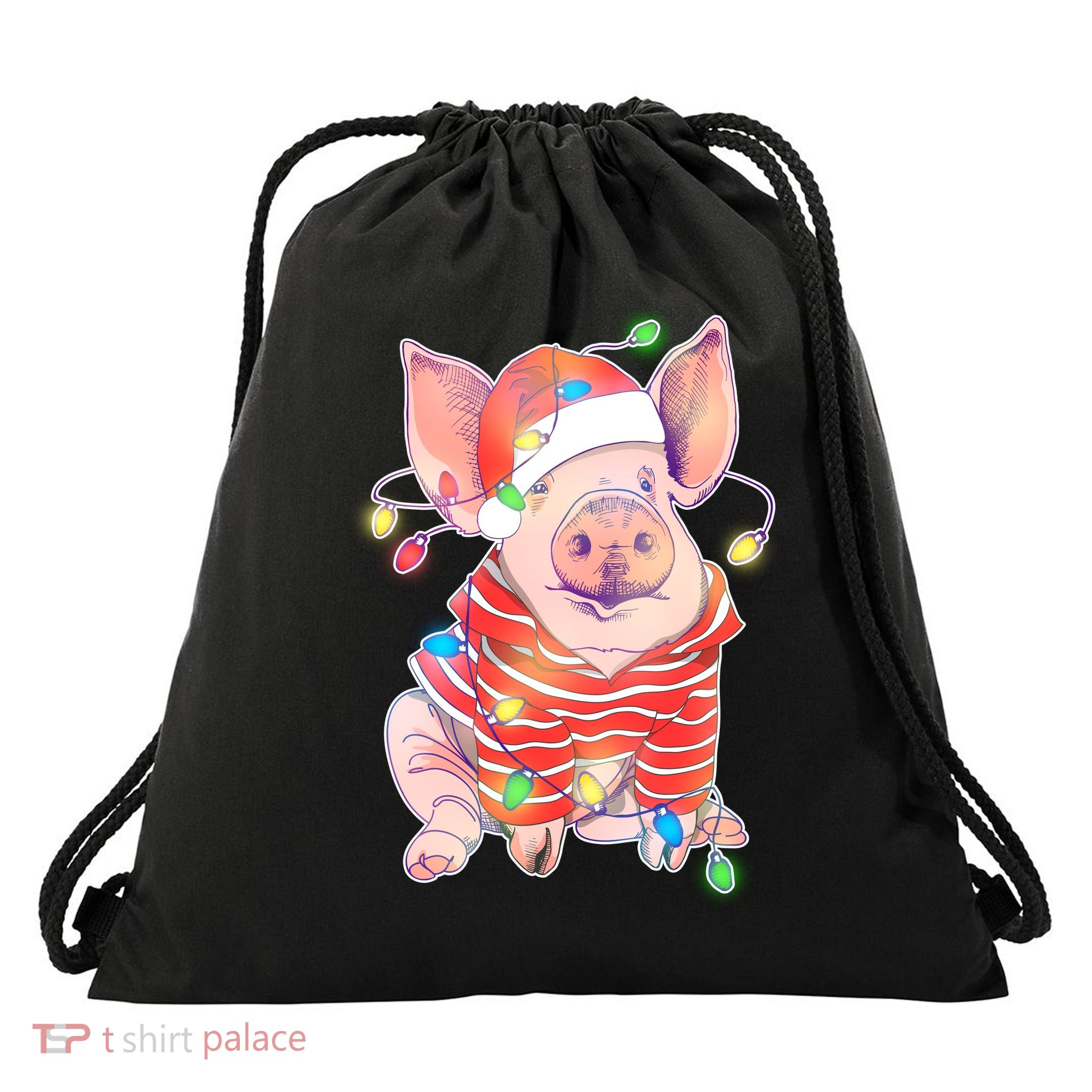 Christmas Lights Pig Drawstring Bag