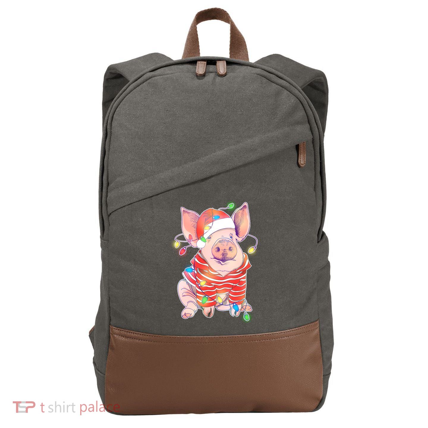 Christmas Lights Pig Cotton Canvas Backpack