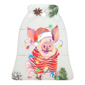 Christmas Lights Pig Ceramic Bell Ornament