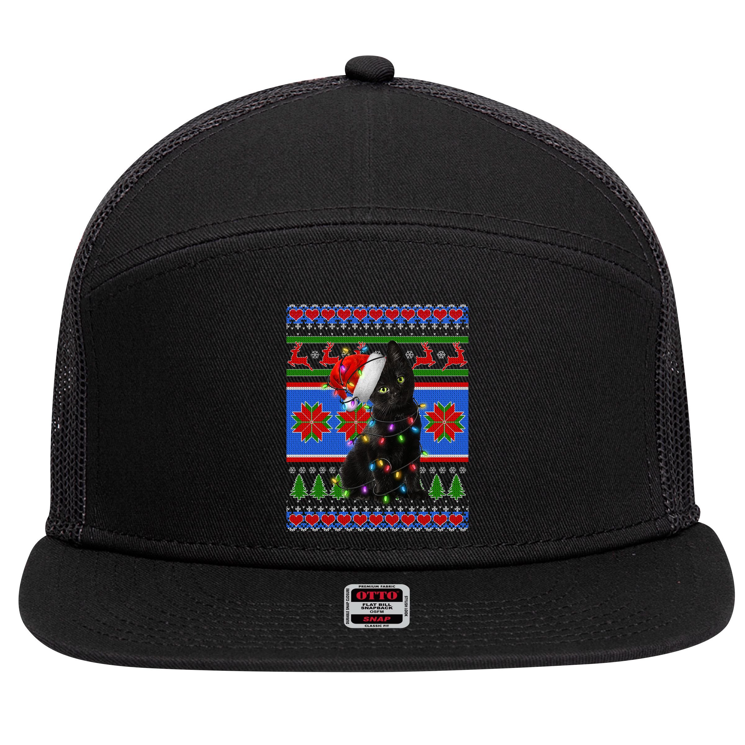 Christmas Lights Santa Cat Ugly 7 Panel Mesh Trucker Snapback Hat