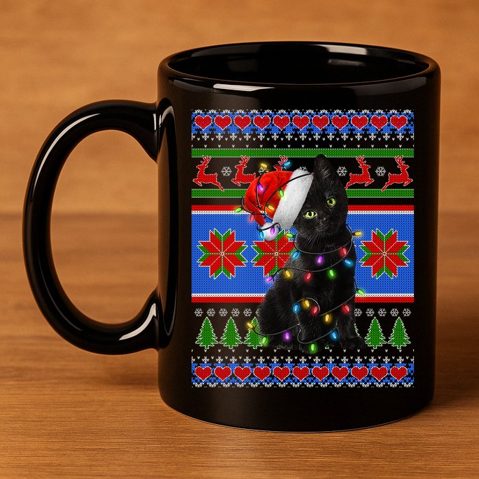 Christmas Lights Santa Cat Ugly 11oz C Handle Ceramic Mug