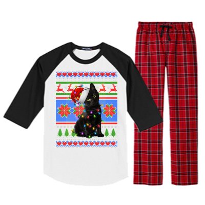 Christmas Lights Santa Cat Ugly Raglan Sleeve Pajama Set