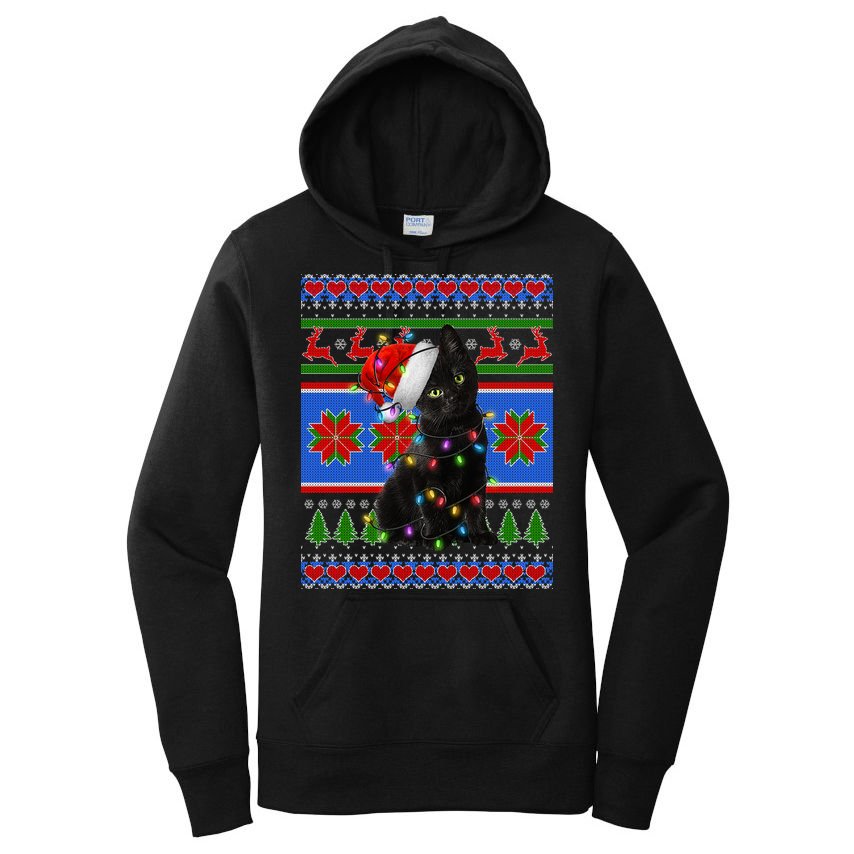 Christmas Lights Santa Cat Ugly Women's Pullover Hoodie