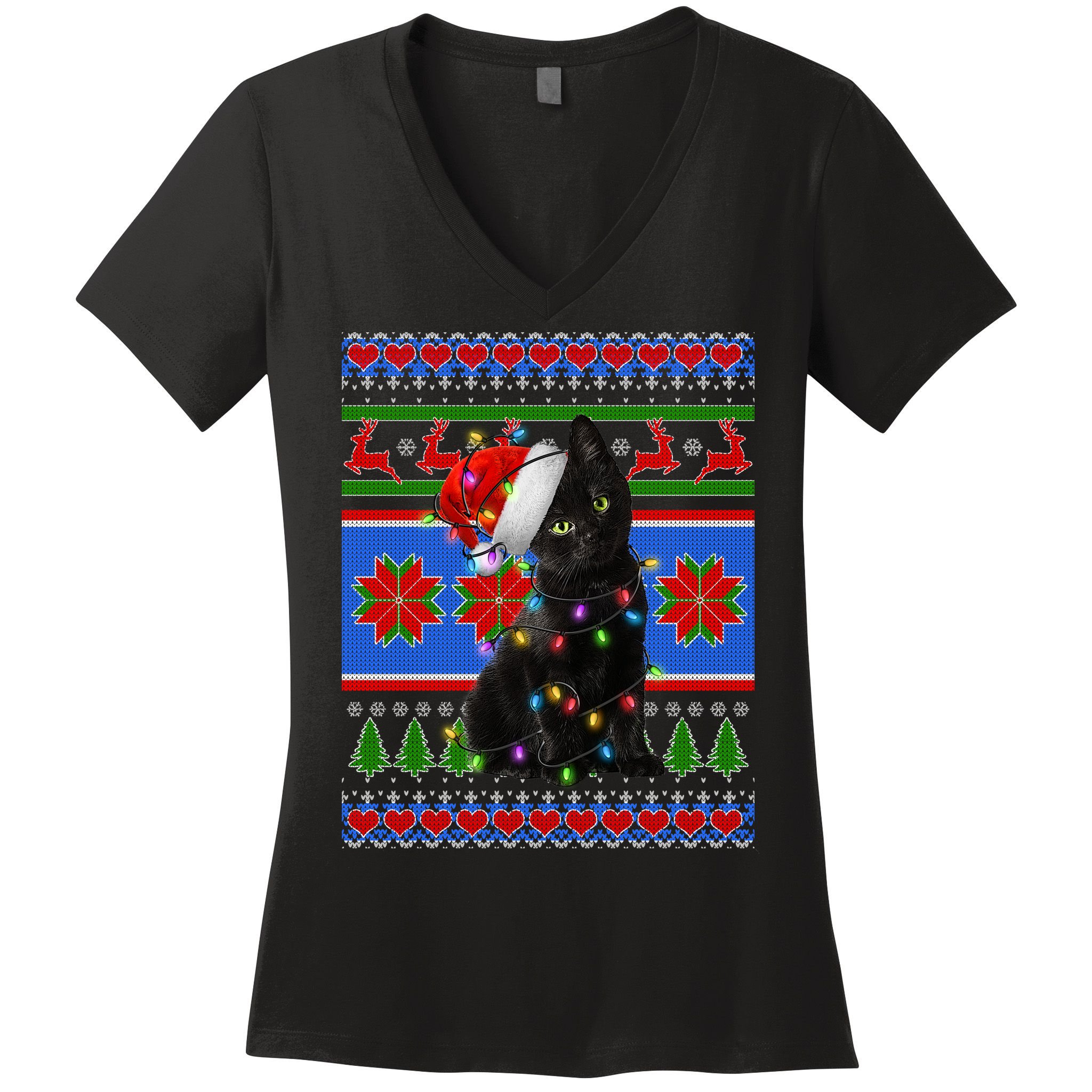 Christmas Lights Santa Cat Ugly Women's V-Neck T-Shirt