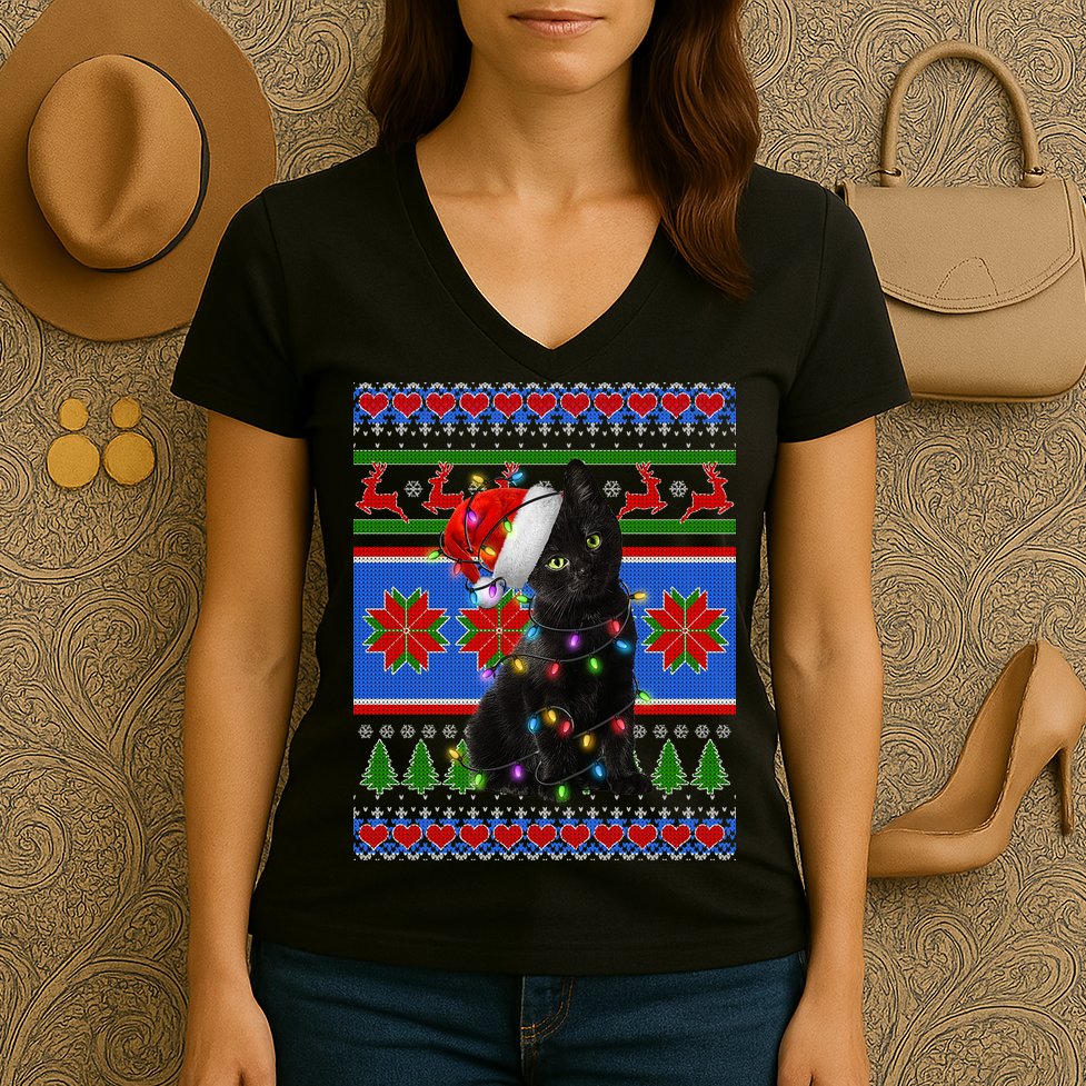 Christmas Lights Santa Cat Ugly Women's V-Neck T-Shirt