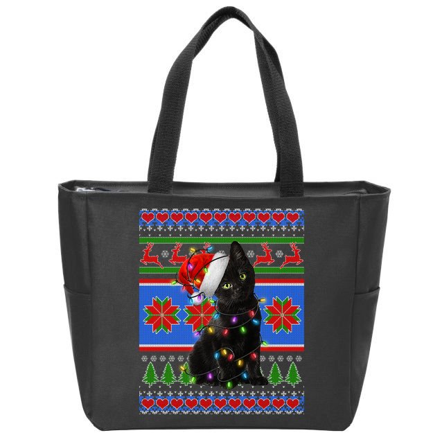 Christmas Lights Santa Cat Ugly Zip Tote Bag