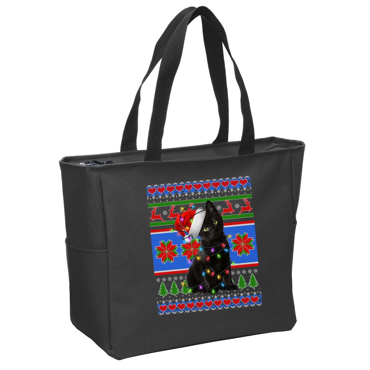 Christmas Lights Santa Cat Ugly Zip Tote Bag