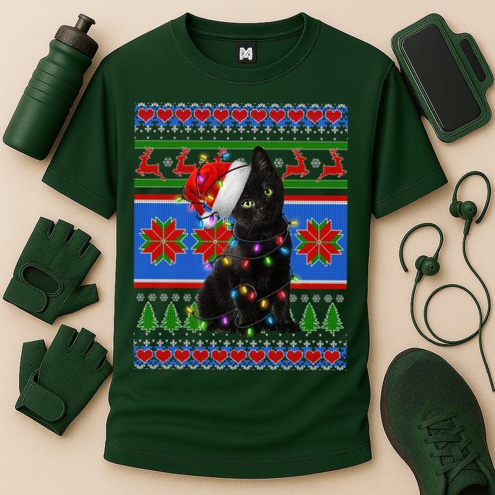 Christmas Lights Santa Cat Ugly Cooling Performance Crew T-Shirt