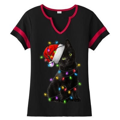 Christmas Lights Santa Kitty Ladies Halftime Notch Neck Tee