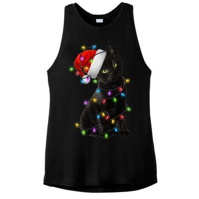 Christmas Lights Santa Kitty Ladies PosiCharge Tri-Blend Wicking Tank