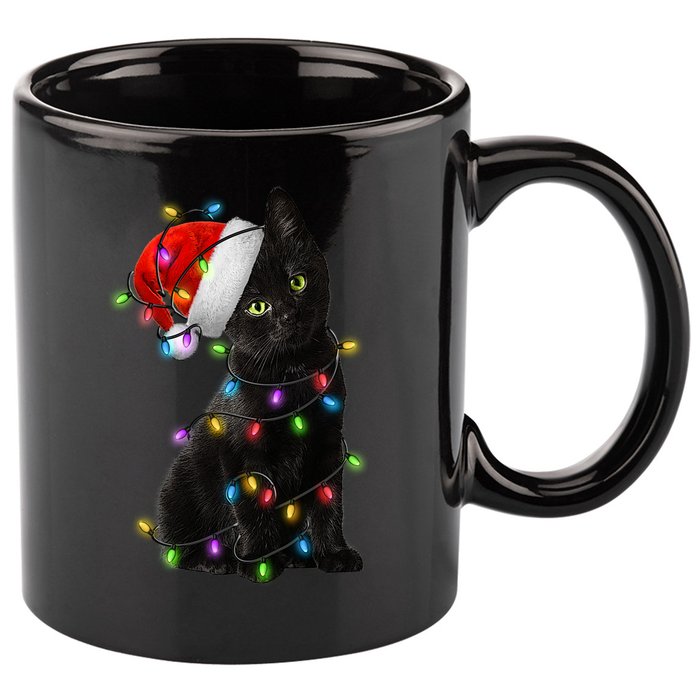 Christmas Lights Santa Kitty 11oz C Handle Ceramic Mug