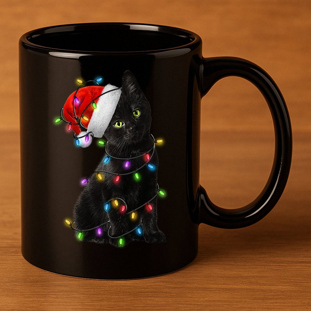 Christmas Lights Santa Kitty 11oz C Handle Ceramic Mug
