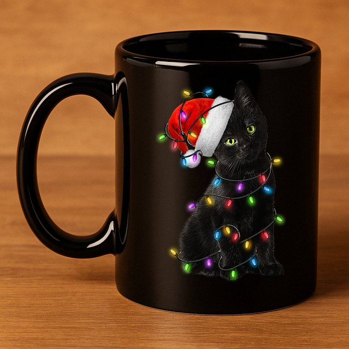 Christmas Lights Santa Kitty 11oz C Handle Ceramic Mug