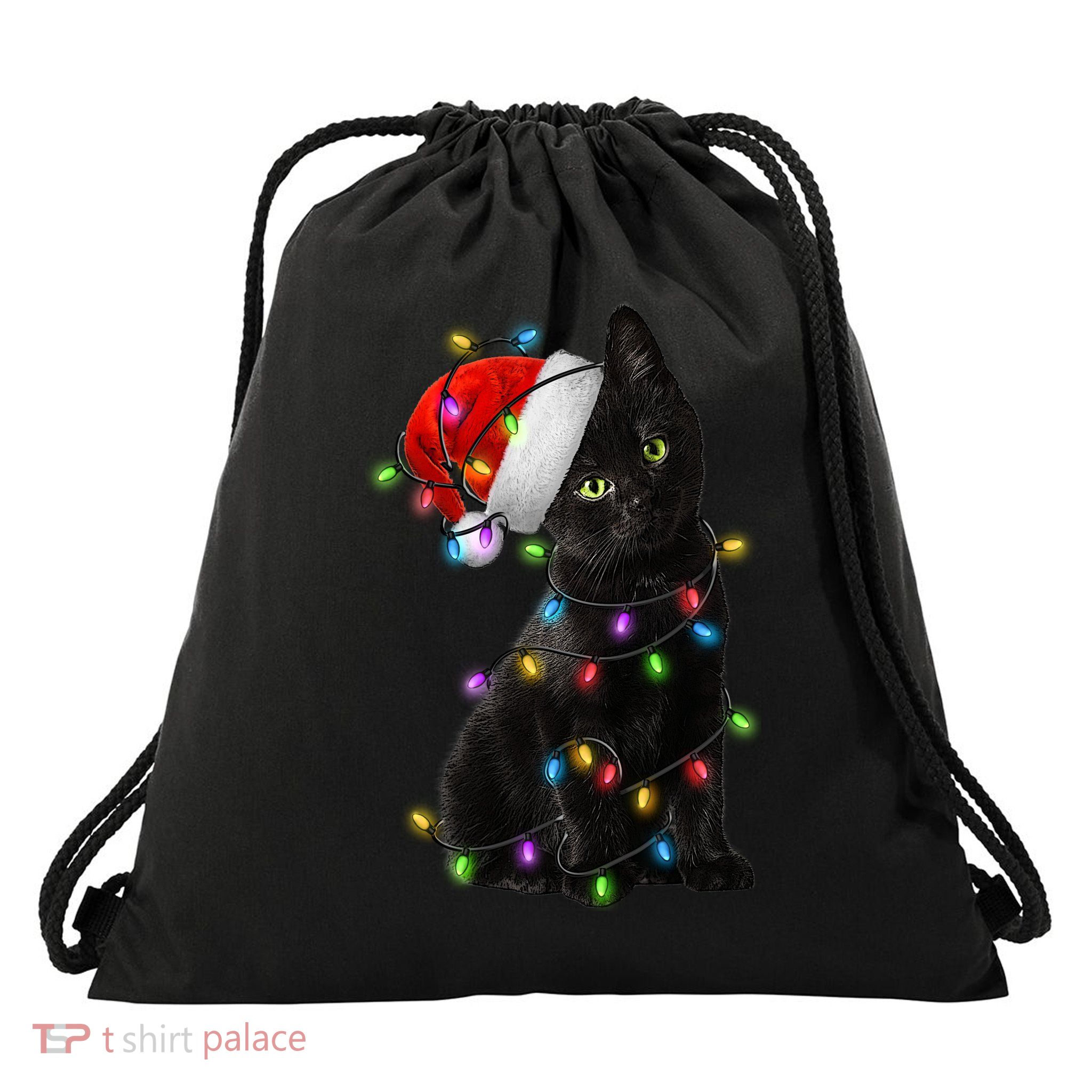 Christmas Lights Santa Kitty Drawstring Bag
