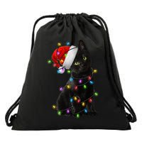 Christmas Lights Santa Kitty Drawstring Bag