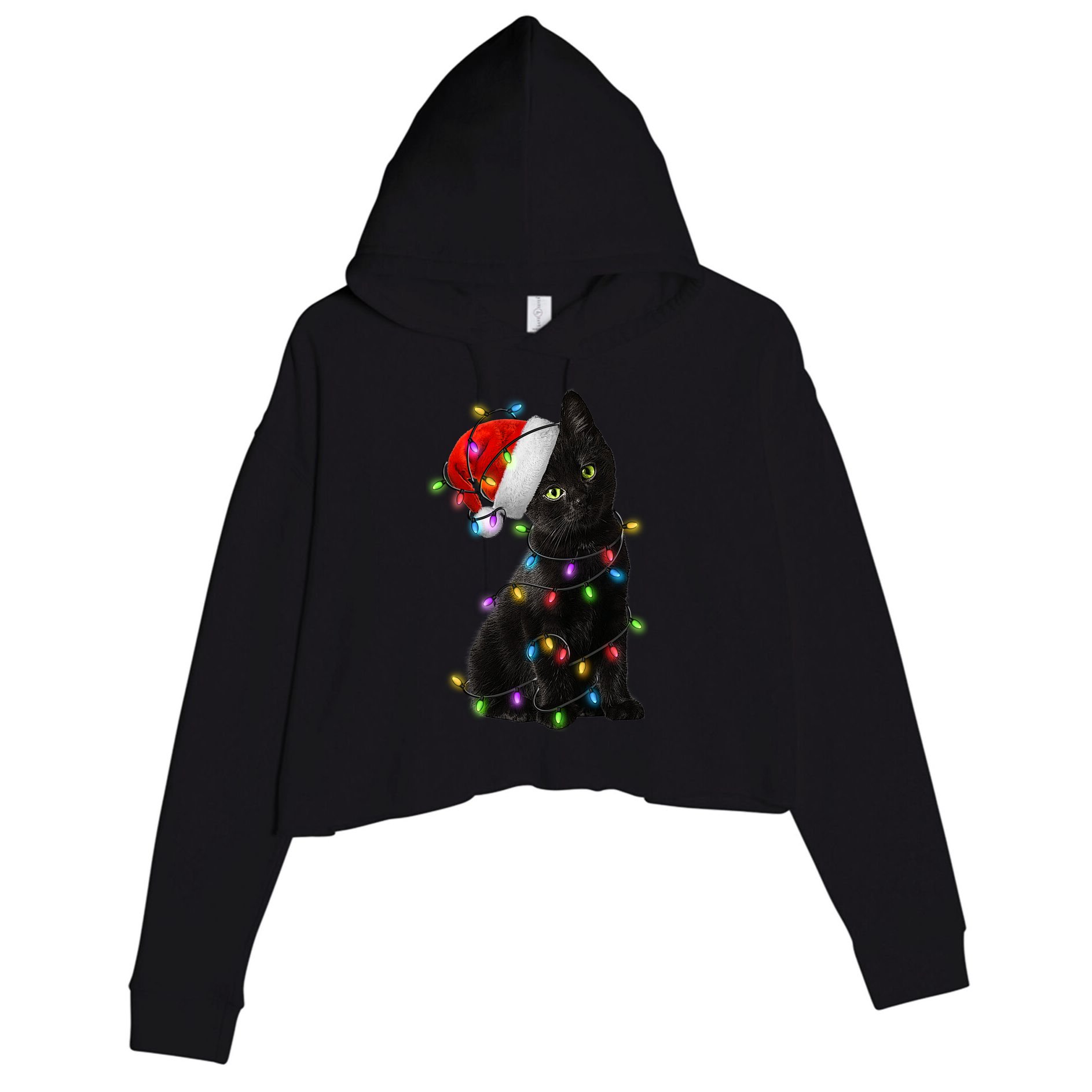 Christmas Lights Santa Kitty Crop Fleece Hoodie