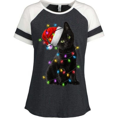 Christmas Lights Santa Kitty Enza Ladies Jersey Colorblock Tee