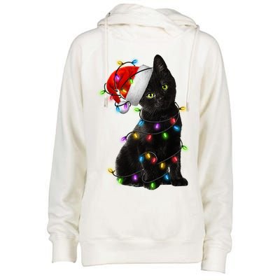 Christmas Lights Santa Kitty Womens Funnel Neck Pullover Hood