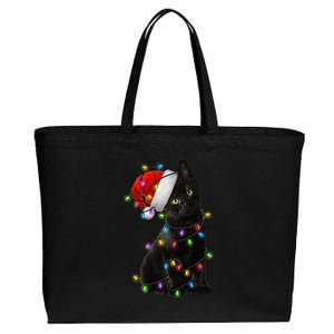 Christmas Lights Santa Kitty Cotton Canvas Jumbo Tote