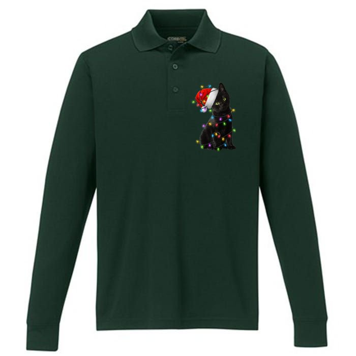 Christmas Lights Santa Kitty Performance Long Sleeve Polo