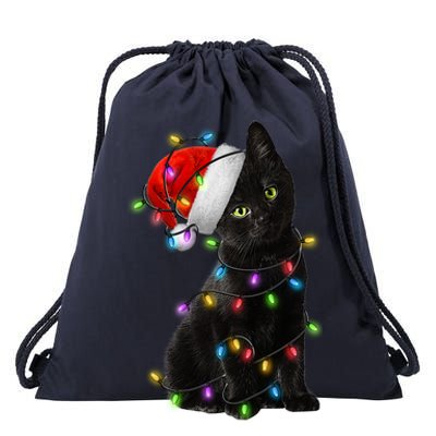 Christmas Lights Santa Kitty Drawstring Bag