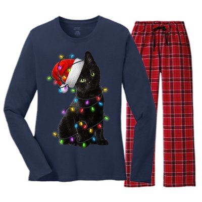 Christmas Lights Santa Kitty Women's Long Sleeve Flannel Pajama Set 