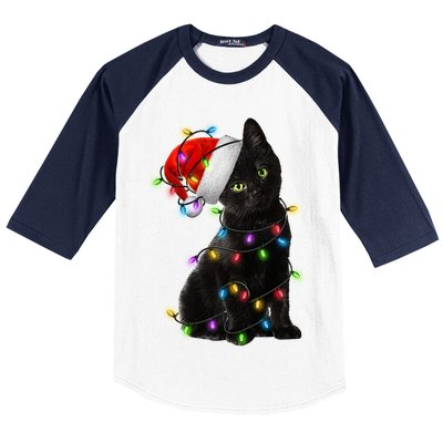 Christmas Lights Santa Kitty Baseball Sleeve Shirt