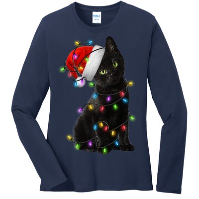 Christmas Lights Santa Kitty Ladies Long Sleeve Shirt